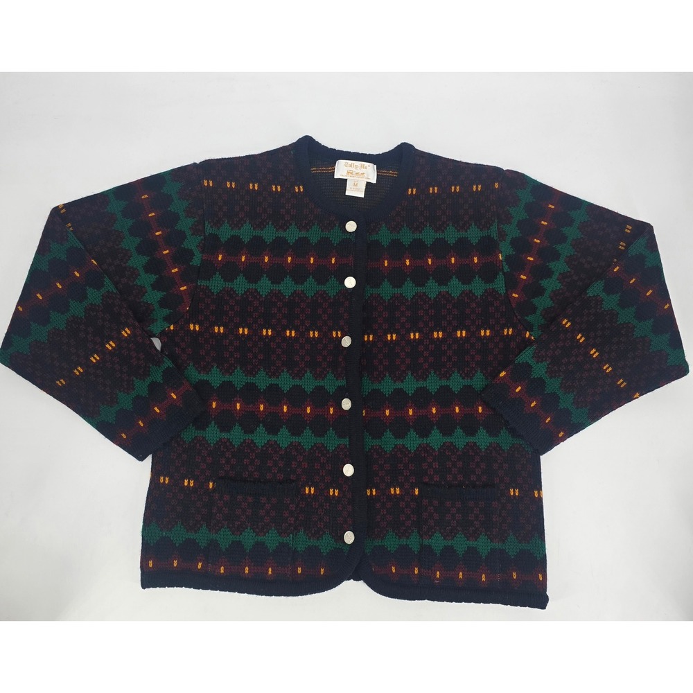 Vintage Tally-Ho Cardigan Sweater M Fair Isle Geometric Grandpa Preppy 80s 90s